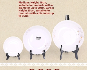 Three sizes of black plastic display stands for plates with 16cm and 25cm heights