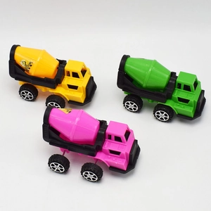 Detailed view of colorful toy cement mixers with rotating drums and textured rubber tires