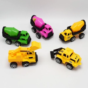 5-piece set of colorful plastic construction toy trucks including an excavator and bulldozers