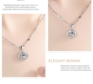 Detail of silver clover pendant necklace with sparkling crystals in two perspective views