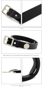 Detail of 2.4cm wide black leather belt with silver pin buckle and screw fastening