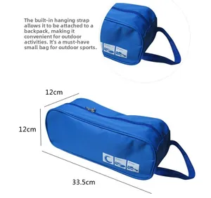 Blue waterproof travel shoe bag with size 33.5x12x12cm and hanging strap detail