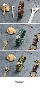 Close-up of survival paracord bracelets featuring Spartan helmet and shield charms