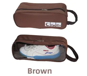 Detail of coffee brown waterproof shoe bag with transparent PVC window and dual zippers
