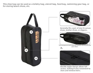 Detail view of black travel shoe bag with transparent window, zipper, and carry handle