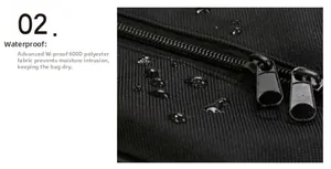 Close-up of waterproof 600D polyester fabric with water droplets and dual zippers
