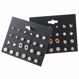 Elegant geometric pearl and crystal stud earring set in gold and silver finishes