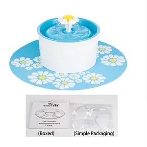 White pet water fountain with daisy nozzle and dual replacement filter packs