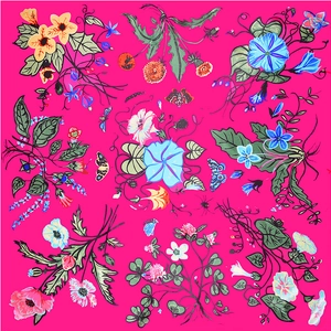 Morning glory printed satin silk square scarf with floral and insect patterns on rose red background