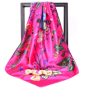 Morning glory floral satin silk square scarf with butterfly print in vibrant rose red