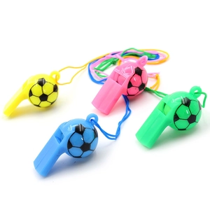 Set of 4 colorful plastic soccer whistles with lanyards in yellow, pink, blue, and green