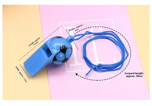 Close-up of blue plastic football whistle with dimensions 5.5cm by 3cm and 30cm blue lanyard