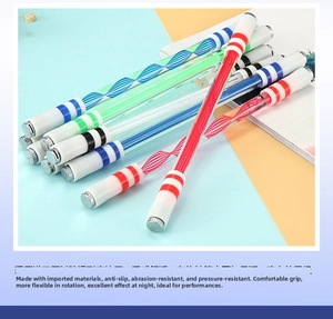 Close-up of colorful rotating pens with spiral patterns and balanced weighted metal tips