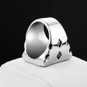 Mens stainless steel reaper ring with silver finish and geometric hollow cutouts