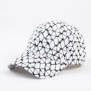 Detailed 45-degree side view of baseball cap with geometric triangle patterns