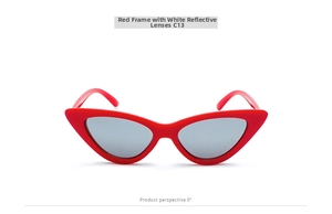 Front view of red triangle cat eye sunglasses with silver reflective mirror lenses