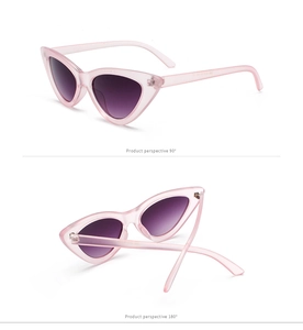 Pink cat-eye sunglasses with purple gradient lenses shown from a 90-degree perspective