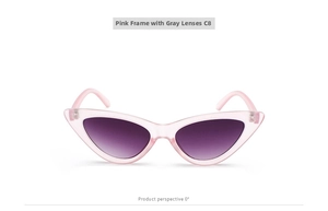 Detailed front view of triangle cat eye sunglasses with transparent pink frame and grey lens