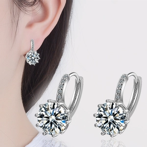 Round Zircon Hoop Earrings Copper Metal Silver Plated With Sparkling Cubic Zirconia Side Stones Fashion Geometric Jewelry For Women