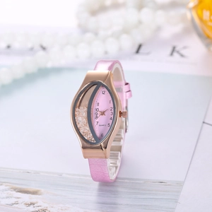 Close-up of pink quartz watch with rose gold oval case and sand diamonds on the dial