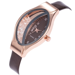 Elegant rose gold oval quartz watch for women with brown leather strap and crystals