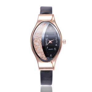 Fashion Women Quartz Watch Oval Rose Gold Alloy Case Flowing Rhinestones Faux Leather Strap Elegant Ladies Wristwatch