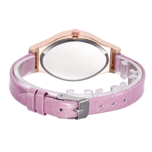 Detail view of purple leather strap with rose gold case and stainless steel buckle