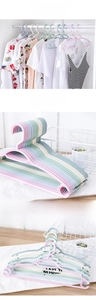 Detail of multi-color non-slip plastic hangers showing flexible material and shoulder hooks