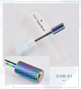 Macro view of 3/32 inch rainbow tungsten nail drill bit with white storage case