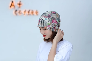 Detail showing patterned slouchy beanie made of soft breathable fabric for women