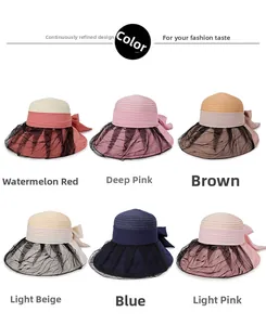 Detailed grid view showing six colors of summer straw sun hats with mesh bows