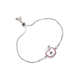 Bracciale a catena con mela argentata, cristalli rosa e chiusura a scorrimento
