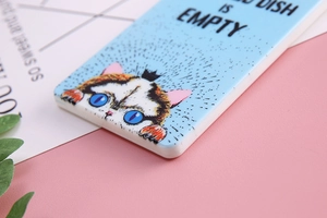 Close-up of light blue cartoon cat card holder with keyring on pink and white background