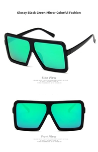 Front and side view of square oversized sunglasses with green mirrored lenses and black frame