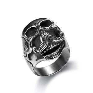 Retro mustache skull ring in 316 stainless steel with vintage silver punk style finish