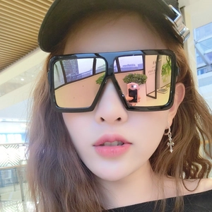 Hip hop style square frame sunglasses with black thick rim and colorful mirror lenses