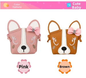 Pink and brown puppy coin purses for kids with 3D bows and cute facial embroidery