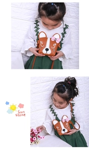 Close-up of a brown puppy crossbody bag for kids featuring a cute corgi face and pink bow