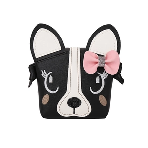 Cute puppy cartoon shoulder bag with pink bow for kids, white and black embroidery