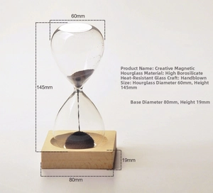 Detailed dimensions of handmade magnetic hourglass with borosilicate glass and wooden base