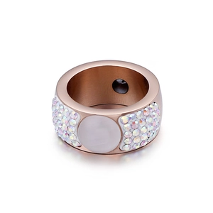 Rose gold magnetic titanium steel ring with cat eye stone and colorful crystals