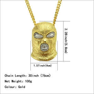 Gold iced-out balaclava pendant necklace with dimensions and 30-inch chain specs