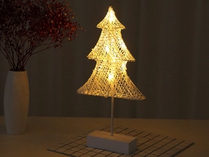 Macro shot of a warm LED Christmas tree lamp with woven texture and white base