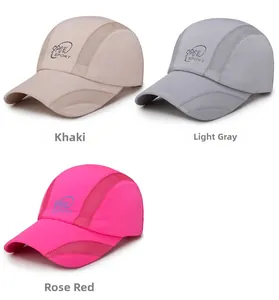 Close-up of quick-dry sports caps in khaki, light grey, and rose red with mesh detail