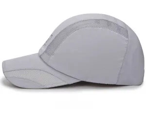 Close-up of light gray mesh fabric on a breathable quick-dry sport cap for sun protection