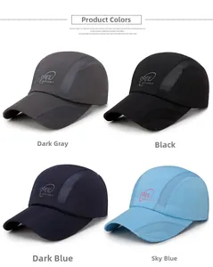 Detail view of quick-dry mesh outdoor hats in dark grey, black, dark blue, and sky blue