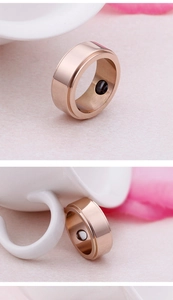 Detailed macro view of rose gold titanium ring with embedded magnetic stone design