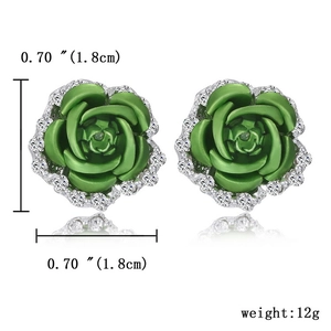Detail view of green rose stud earrings with white rhinestones and size dimensions