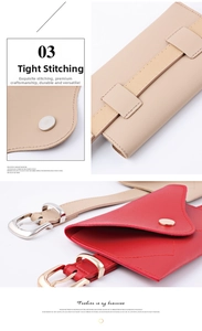 Detailed view of V-shaped stitching and metallic buckle on PU leather waist bag