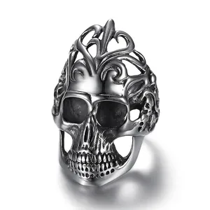 Vintage gothic skull ring in 316L stainless steel with intricate vine carvings